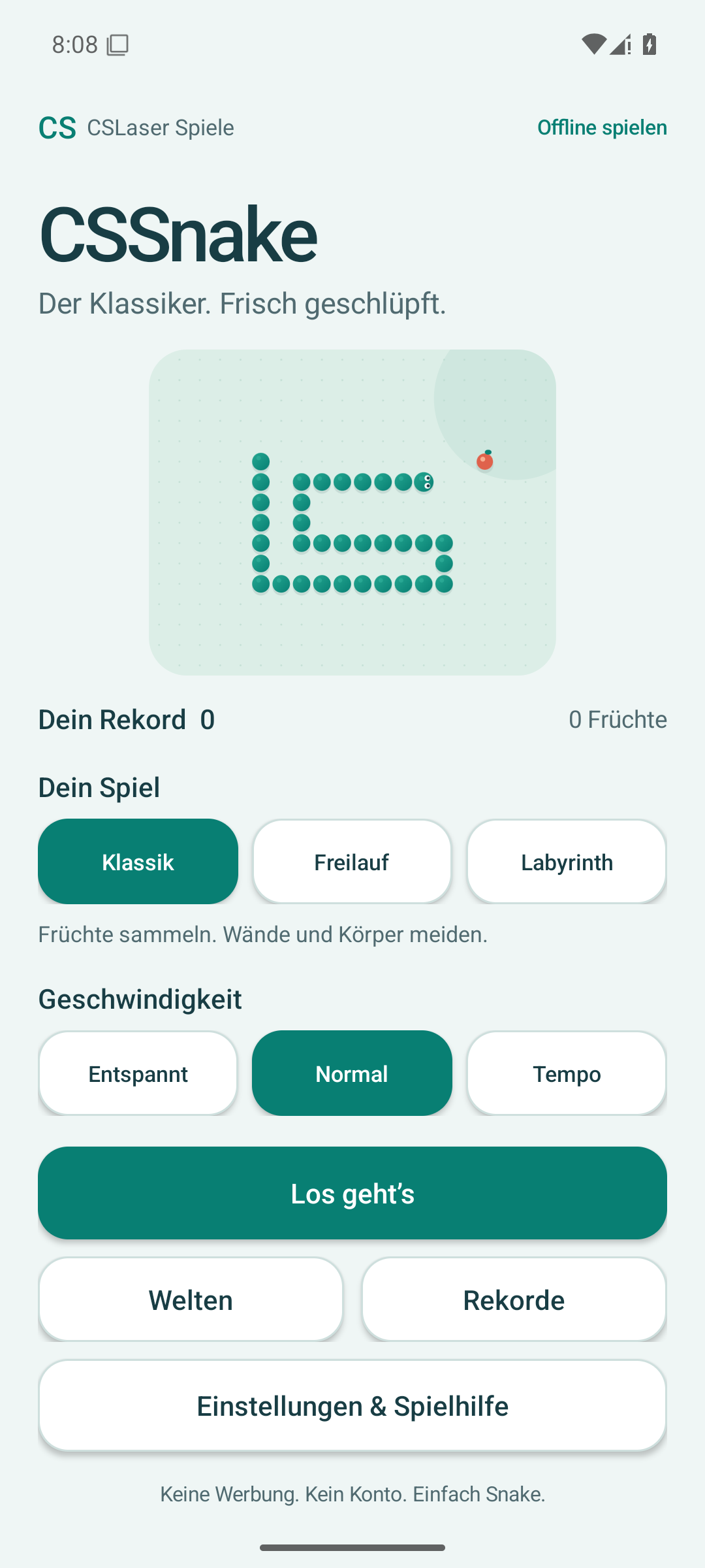 CSSnake: die drei Spielmodi und Geschwindigkeiten in der Android-App